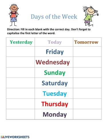 Bài tập ôn tập Tiếng Anh Lớp 1 - Bài: Days of the week