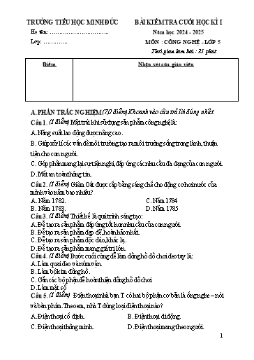 Đề kiểm tra Công nghệ Lớp 5 cuối học kì I - Năm học 2024-2025 (Có đáp án + Ma trận)