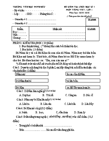Đề kiểm tra Tiếng Việt Lớp 1 cuối học kì I - Năm học 2024-2025 (Có đáp án)