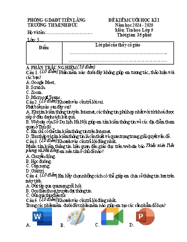 Đề kiểm tra Tin học Lớp 5 cuối học kì I - Năm học 2024-2025 - Trường Tiểu học Minh Đức (Có đáp án + Ma trận)