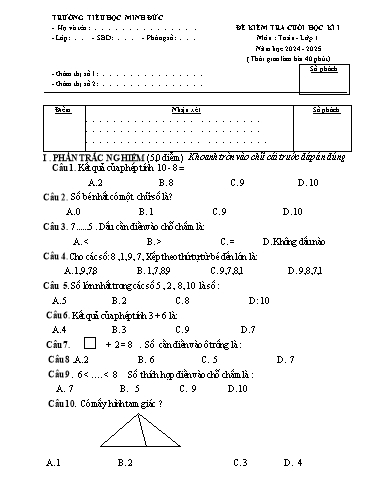 Đề kiểm tra Toán + Tiếng Việt Lớp 1 cuối học kì I - Năm học 2024-2025 - Trường Tiểu học Minh Đức