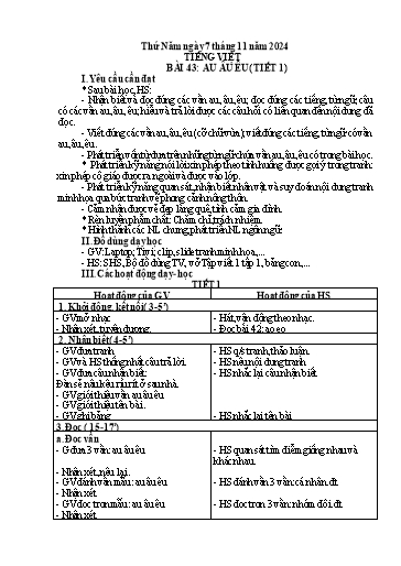Giáo án Tiếng Việt Lớp 1 (Kết nối tri thức) - Bài 43: Au, âu, êu (Tiết 1) - Năm học 2024-2025