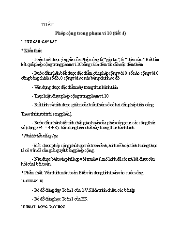 Giáo án Toán Lớp 1 - Bài: Phép cộng trong phạm vi 10 (Tiết 4)