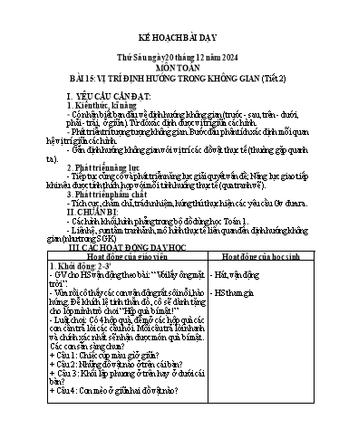 Giáo án Toán Lớp 1 (Kết nối tri thức) - Bài 15: Vị trí định hướng trong không gian (Tiết 2) - Năm học 2024-2025