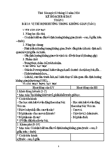 Giáo án Toán Lớp 1 (Kết nối tri thức) - Bài 15: Vị trí định hướng trong không gian (Tiết 1) - Năm học 2024-2025 - Phạm Thị Nhi