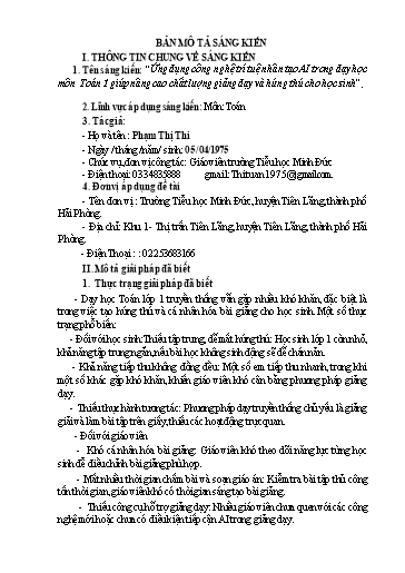 Sáng kiến kinh nghiệm Ứng dụng công nghệ trí tuệ nhân tạo AI trong dạy học môn Toán 1 giúp nâng cao chất luowmgj giảng dạy và hứng thú cho học sinh - Phạm Thị Nhi